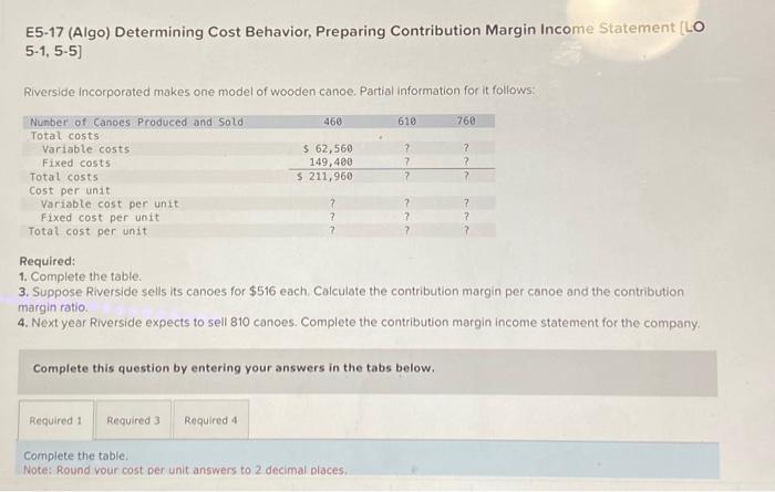  E5-17 (Algo) Determining Cost Behavior, Preparing Contribution Margin Income Statement [LO