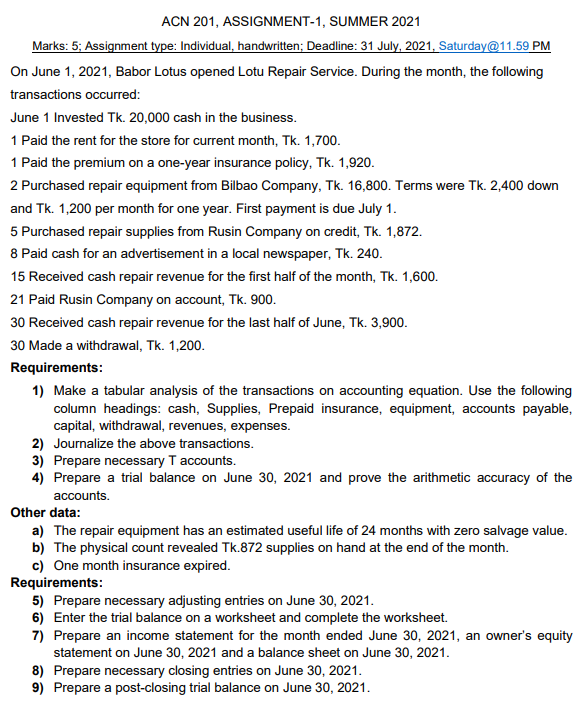 ACN 201, ASSIGNMENT-1, SUMMER 2021 Marks: 5; Assignment type: Individual, handwritten;