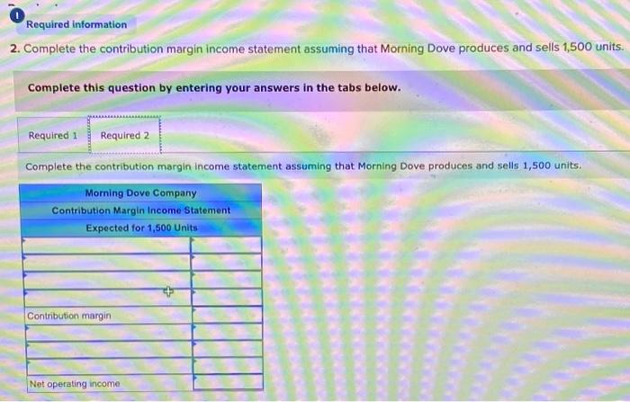 assuming that Morning Dove produces and sells 1,500 units. Complete this question
