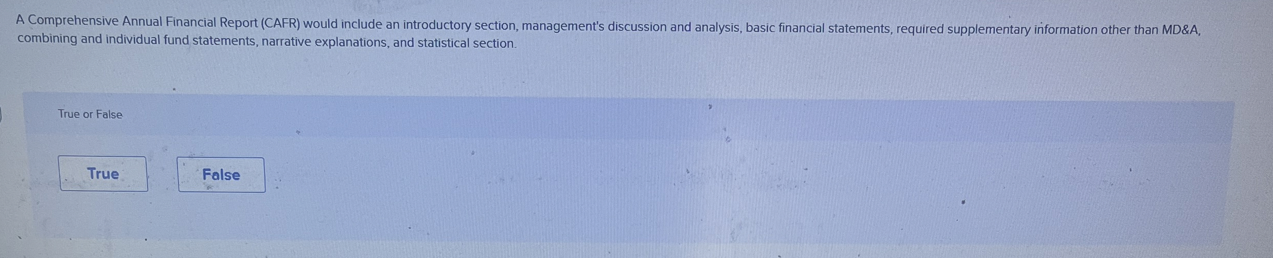  A Comprehensive Annual Financial Report (CAFR) would include an introductory section,