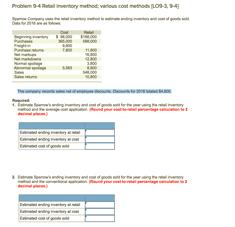  Problem 9-4 Retail inventory method; various cost methods [LO9-3, 9-4] Sparrow