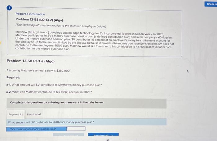 acct 387 ch 13 bonus question Required information Problem 13.58 (LO 13-2)