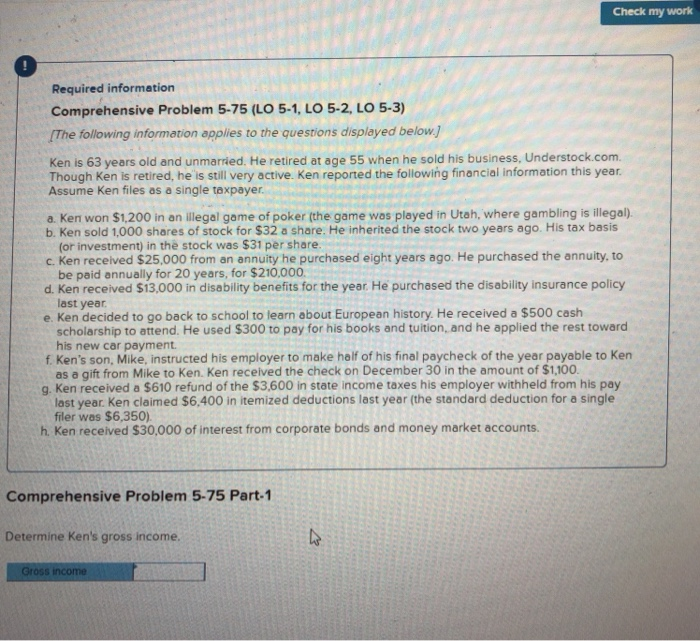  Check my work Required information Comprehensive Problem 5-75 (LO 5-1, LO