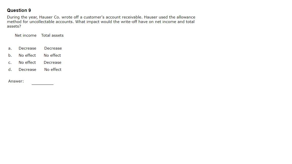  Question 9 During the year, Hauser Co. wrote off a customer's