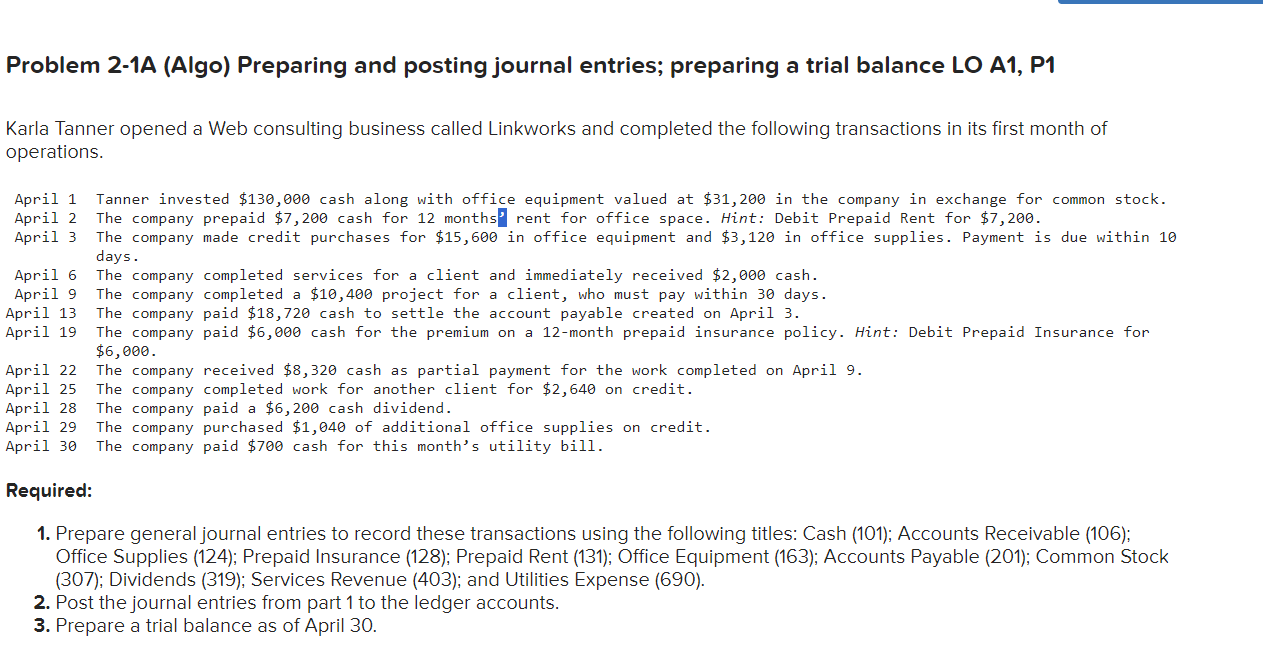 Problem 2-1A (Algo) Preparing and posting journal entries; preparing a trial balance