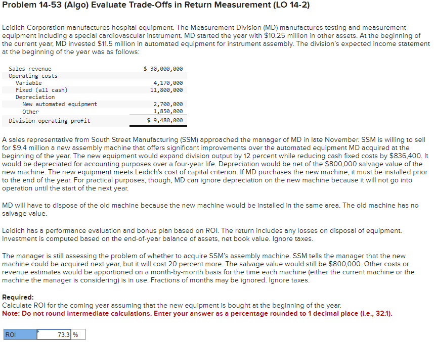  Problem 14-53(Algo) Evaluate Trade-Offs in Return Measurement (LO 14-2) Leidich Corporation