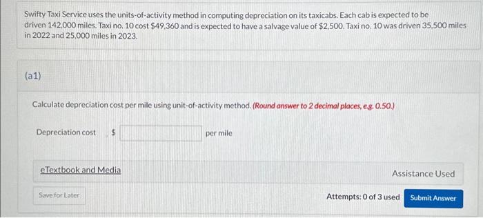  Swifty Taxi Service uses the units-of-activity method in computing depreciation on