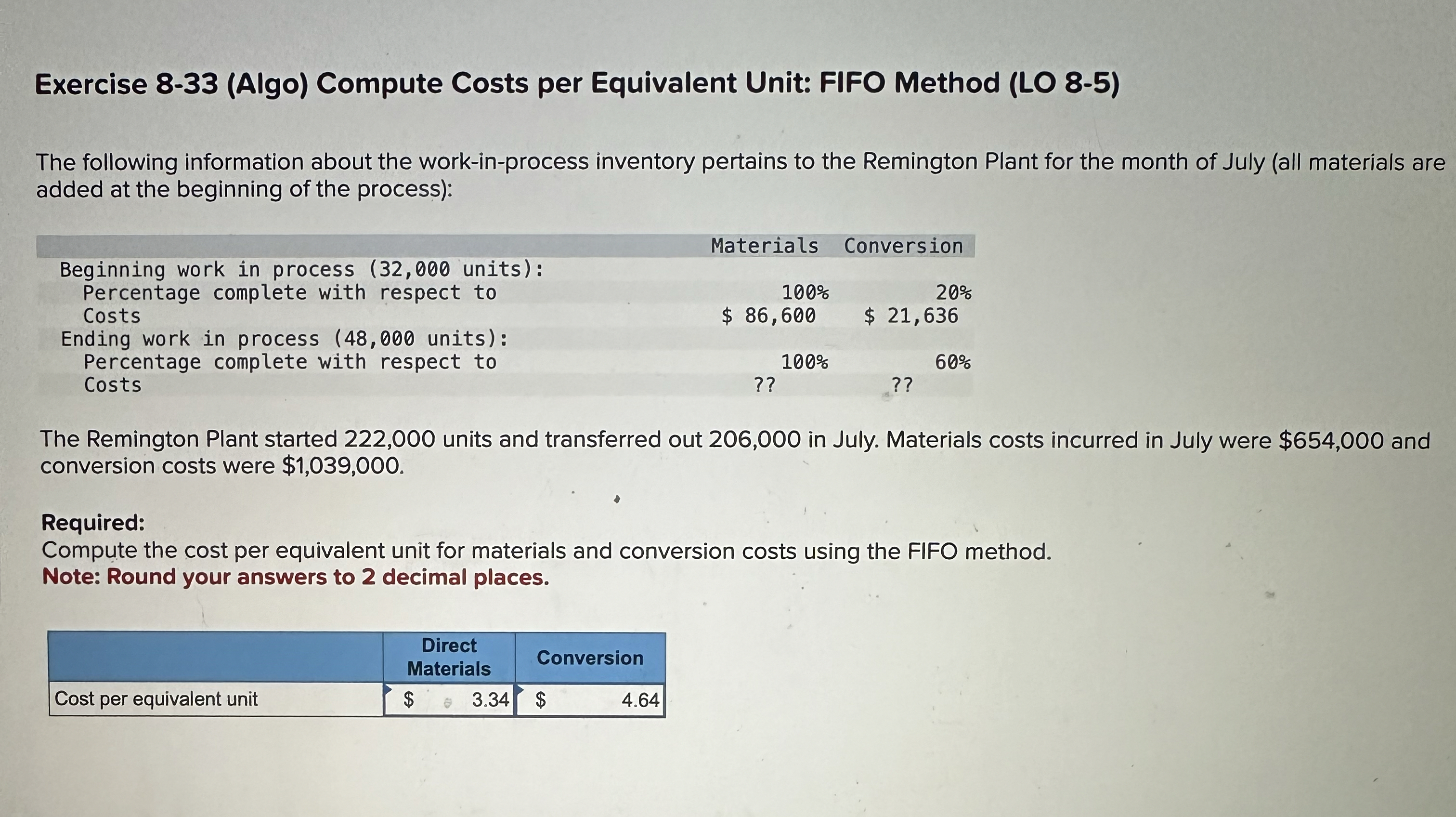  Exercise 8-33(Algo) Compute Costs per Equivalent Unit: FIFO Method (LO 8-5)