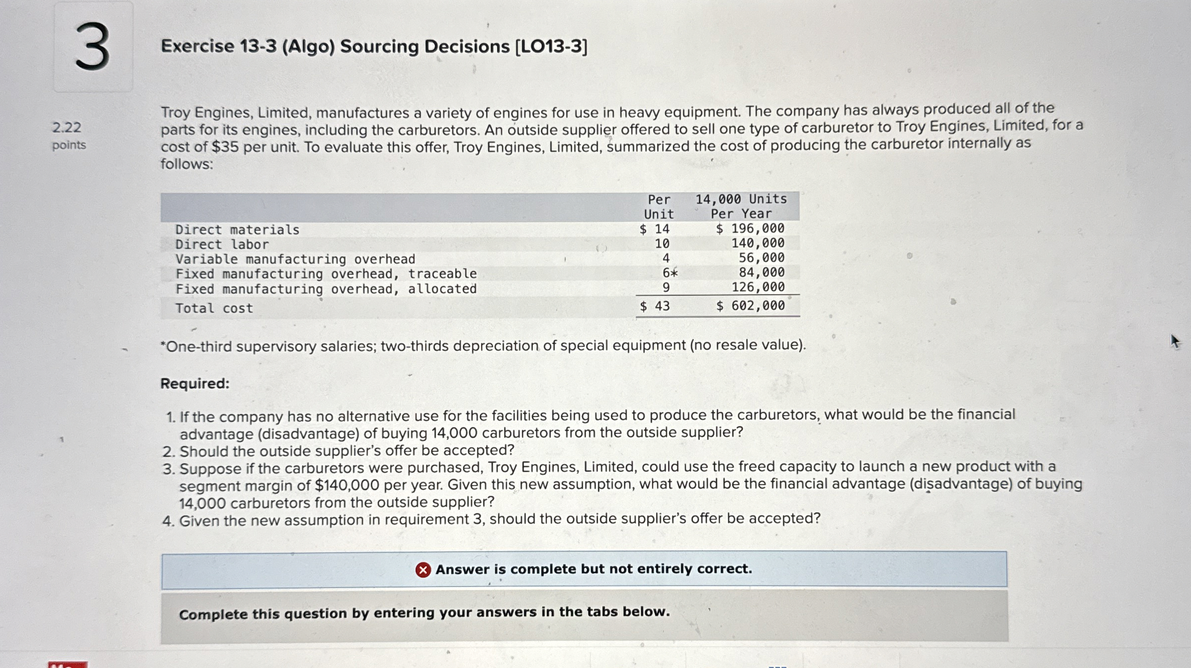  3 Exercise 13-3(Algo) Sourcing Decisions [LO13-3] 2.22 points Troy Engines, Limited,