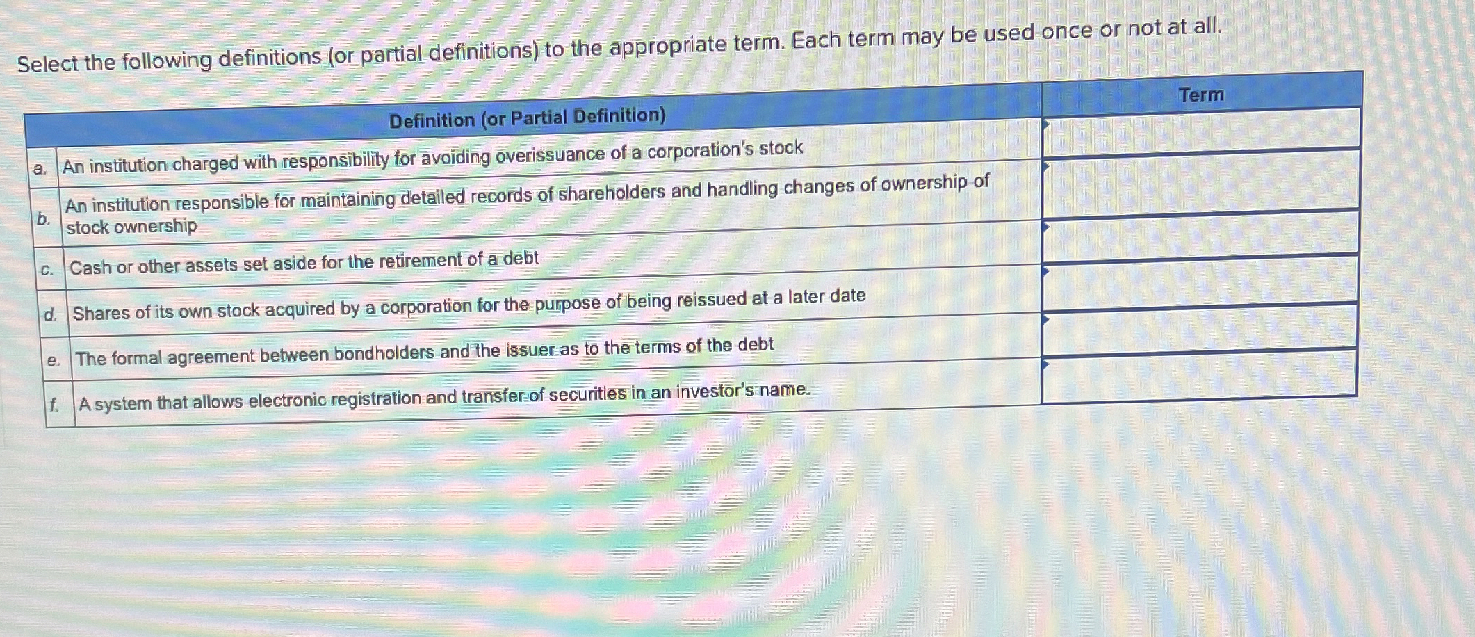  Select the following definitions (or partial definitions) to the appropriate term.