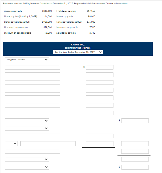  Prssented here are liability itams for Crane lnc. at December 31,2027.
