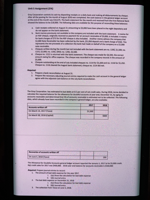  Unit 5 Assignment (5%) Gray Corporation controls its cash by depositing