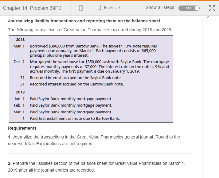Chapter 14. Problem 39PB Bookmark Show all steps: OFF OFF Journalizing