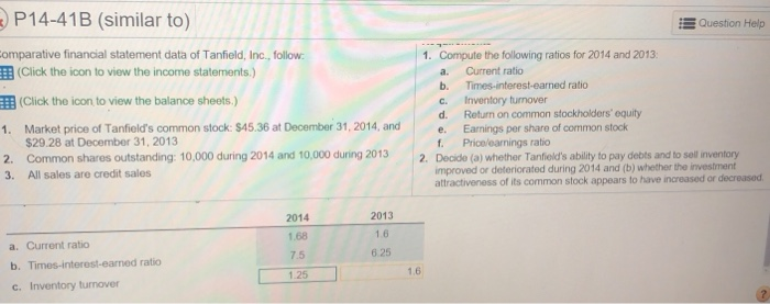  3 P14-41B (similar to) Question Help Comparative financial statement data of