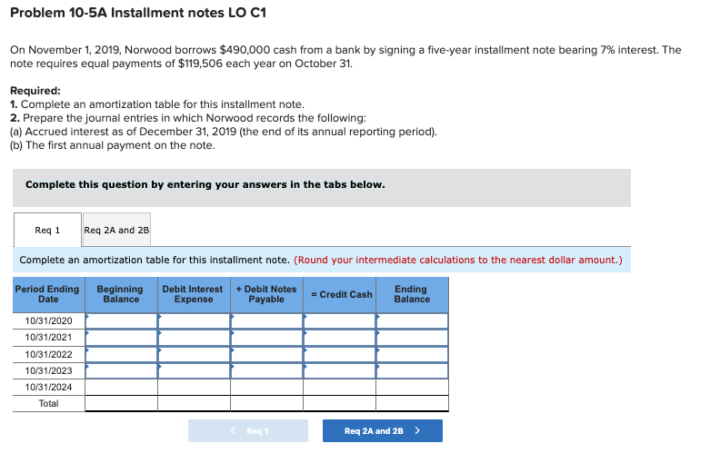  Problem 10-5A Installment notes LO C1 On November 1, 2019, Norwood