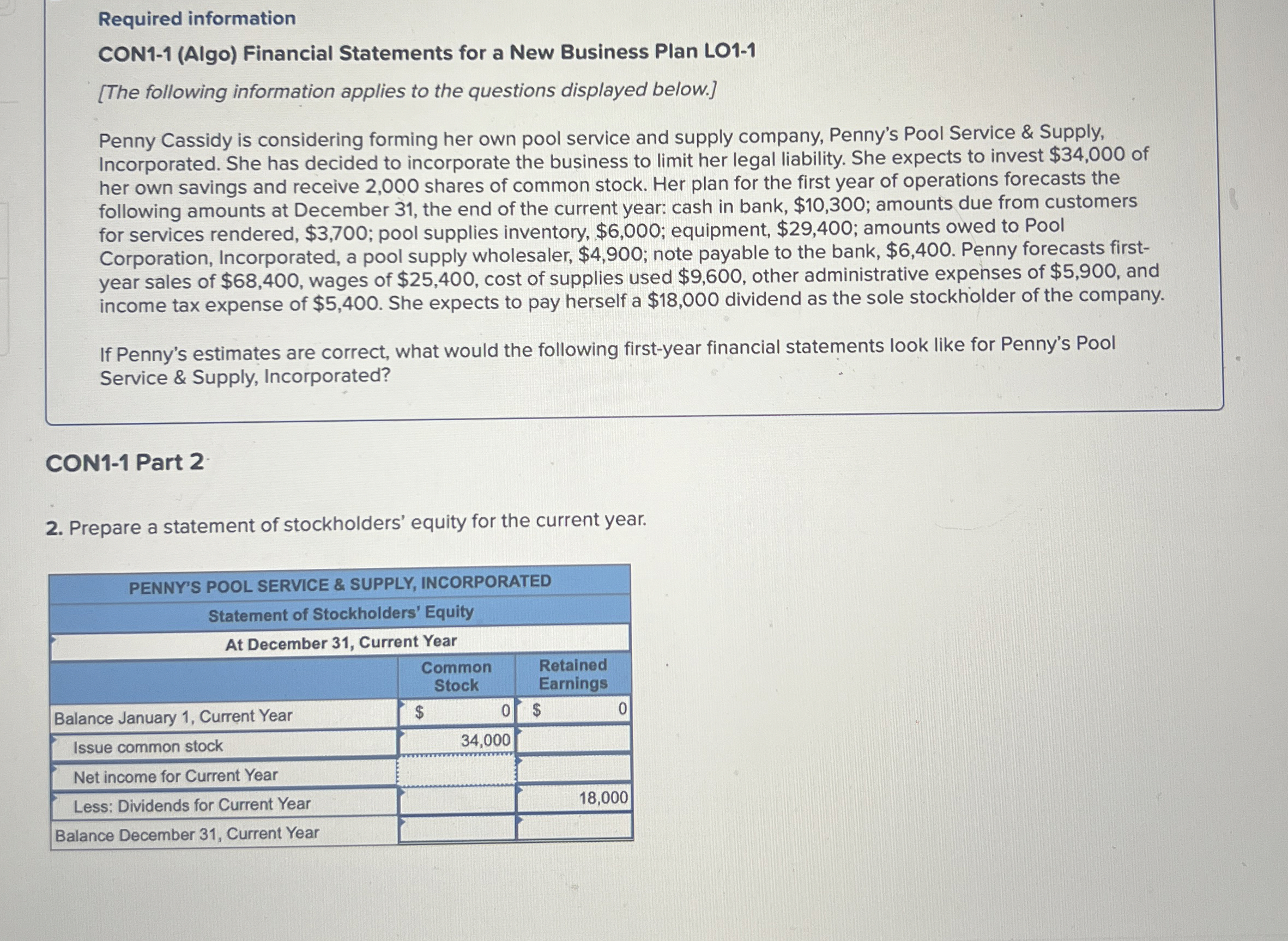  Required information CON1-1(Algo) Financial Statements for a New Business Plan LO1-1