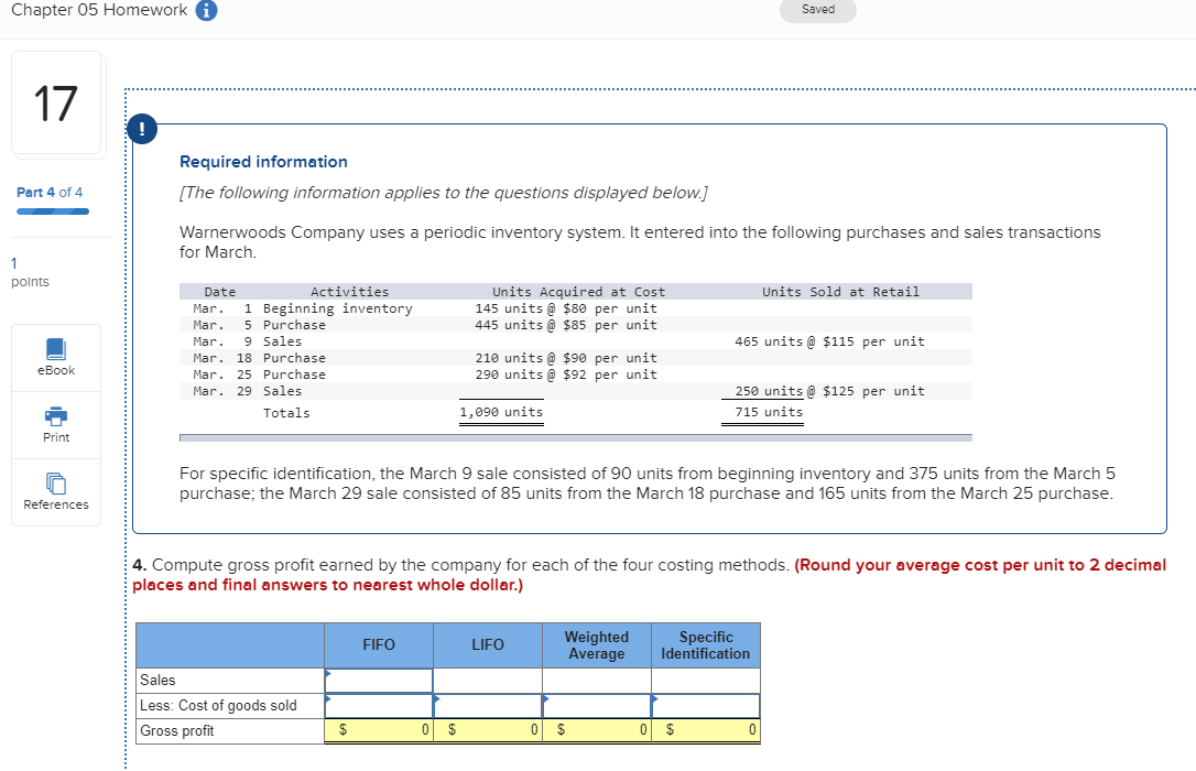 465 units @ $115 per unit Date Activities Mar. 1 Beginning inventory