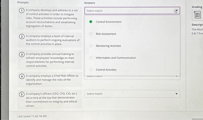 Read each description below, and match each one to the COSO Framework