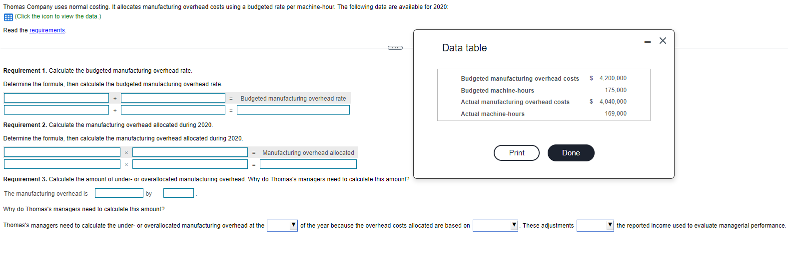 sev. Thomas Company uses normal costing. It allocates manufacturing overhead costs using