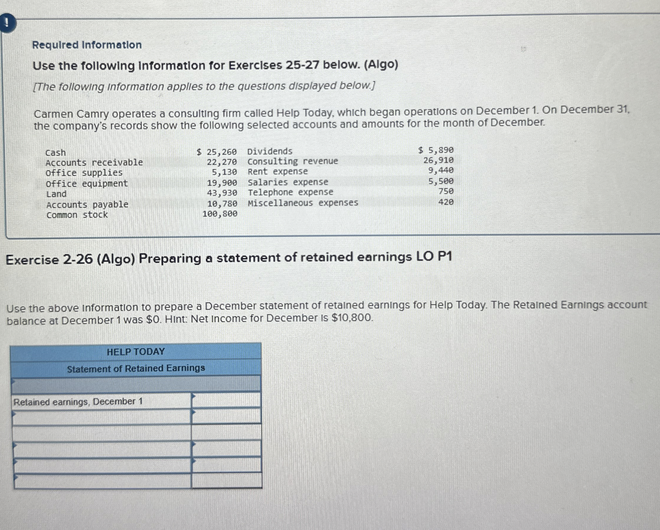  ! Required Information Use the following Information for Exercises 25-27 below.