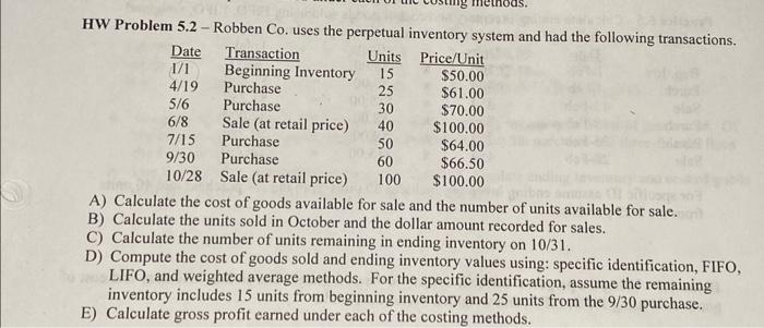  HW Problem 5.2 - Robben Co. uses the perpetual inventory system