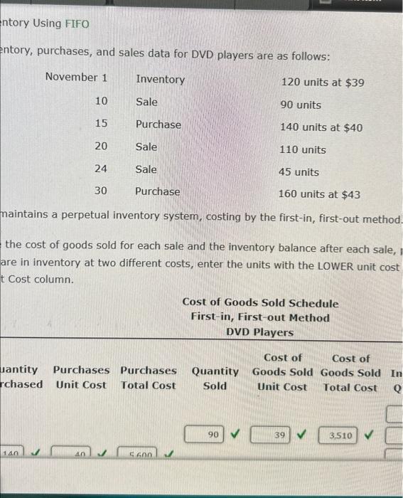 entory Using FIFO entory, purchases, and sales data for DVD players