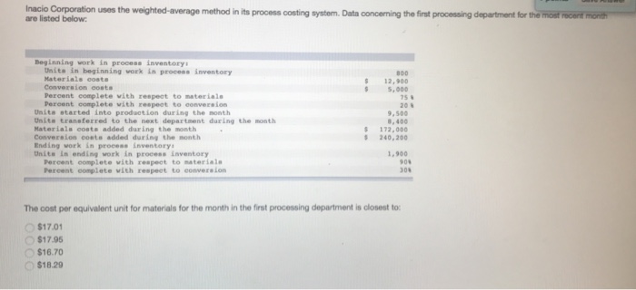  Inacio Corporation uses the weighted-average method in its process costing system.