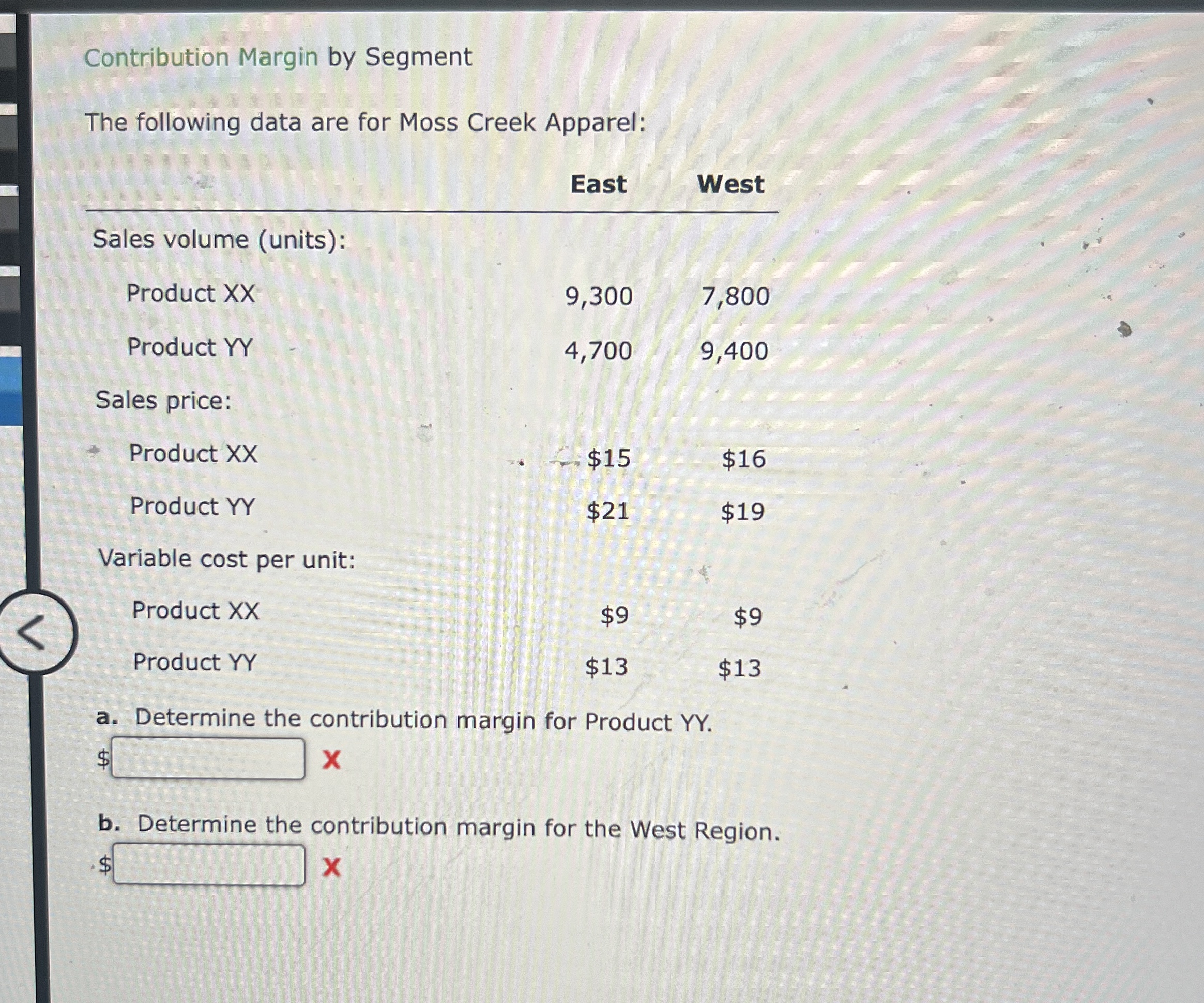  Contribution Margin by Segment The following data are for Moss Creek