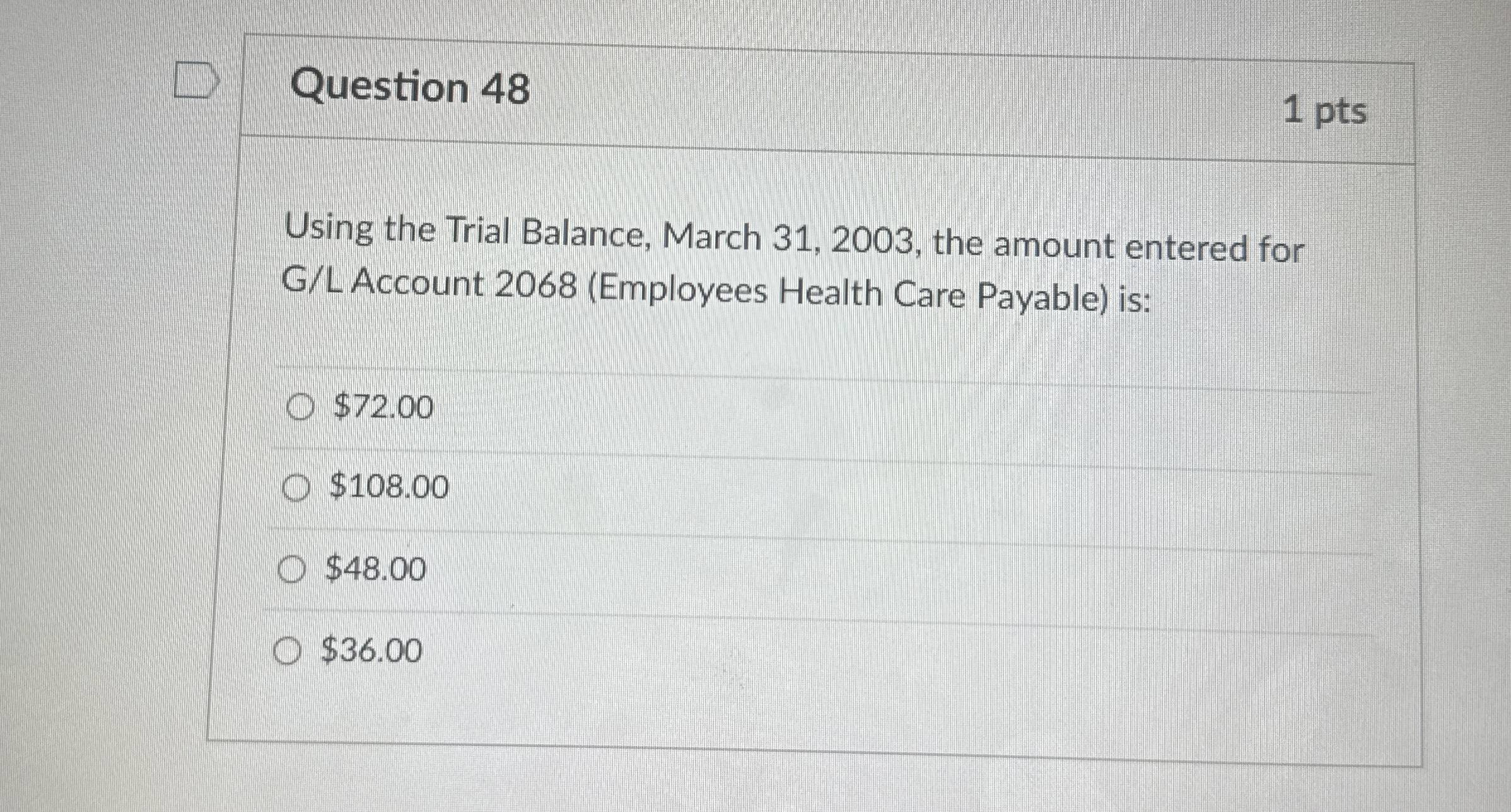  Question 48 Using the Trial Balance, March 31,2003, the amount entered