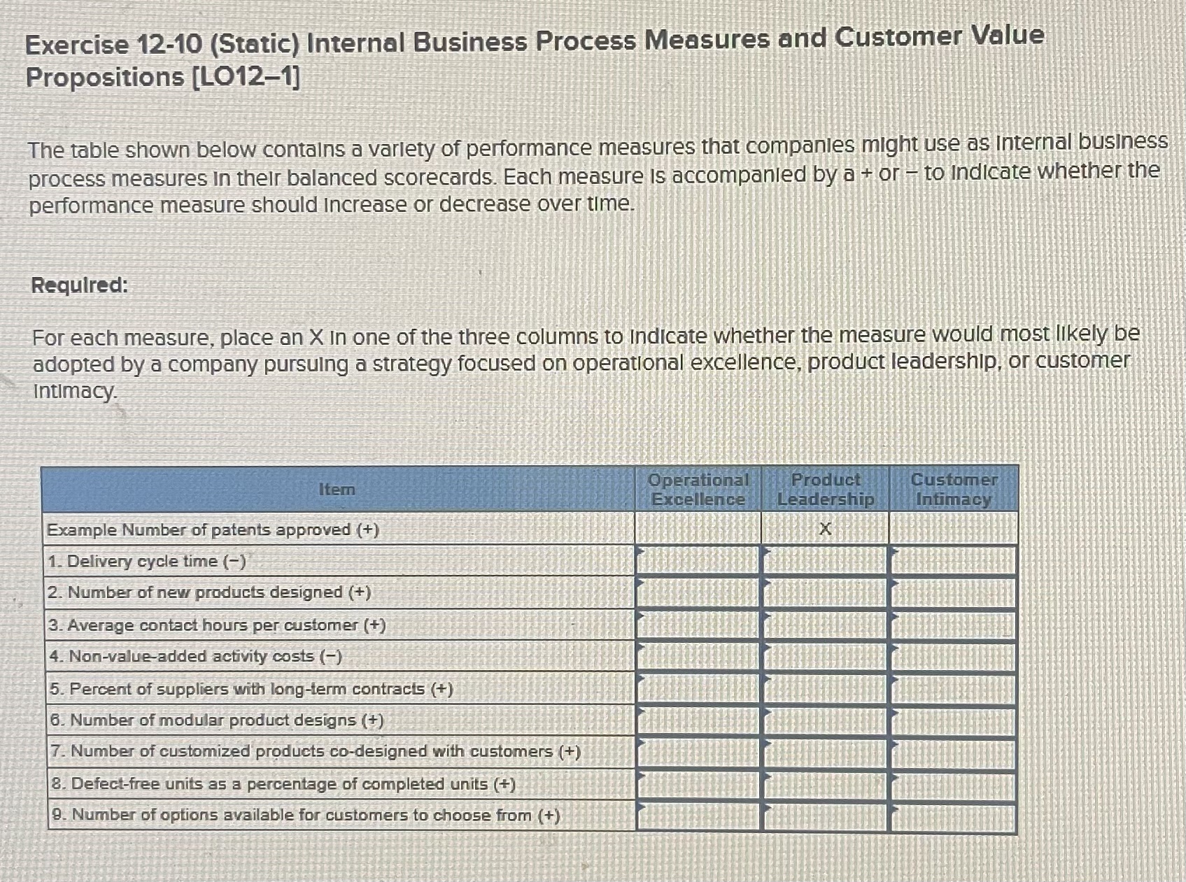  Exercise 12-10(Static) Internal Business Process Measures and Customer Value Propositions [LO12-1]