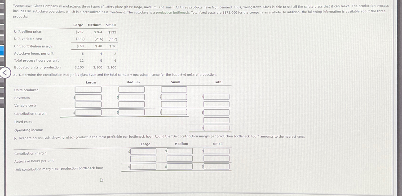 products: \table[[,Large,Medium,Small],[Unit selling price,$282,$264,$133 