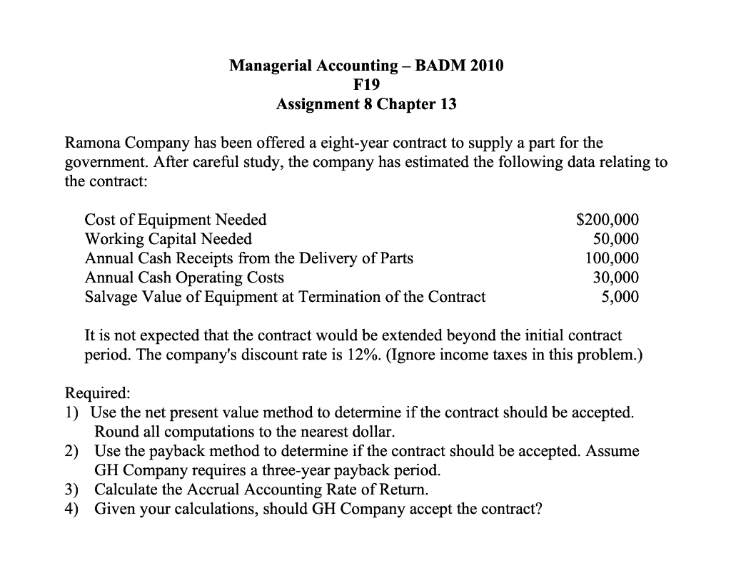Managerial Accounting BADM 2010F19Assignment 8 Chapter 13 Please, Can someone help me