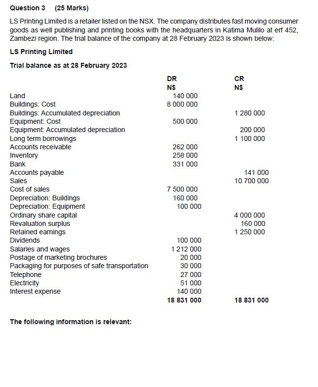  Question 3(25 Marks) LS Printing Limited is a retailer listed on