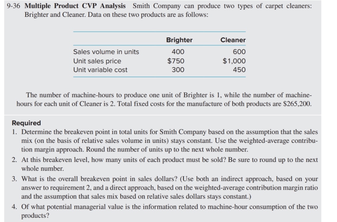  9-36 Multiple Product CVP Analysis Smith Company can produce two types