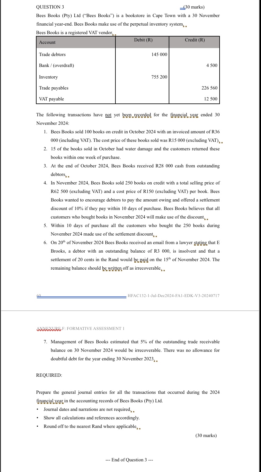  QUESTION 3(30 marks) Bees Books (Pty) Ltd (Bees Books) is a
