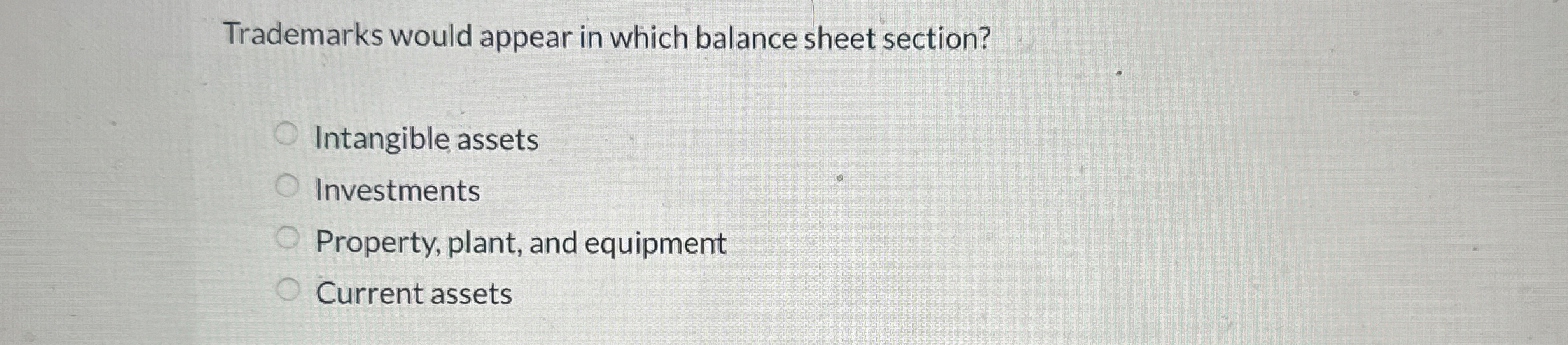  Trademarks would appear in which balance sheet section? Intangible assets Investments