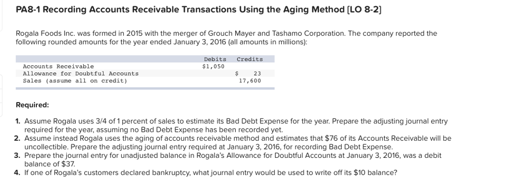  PA8-1 Recording Accounts Receivable Transactions Using the Aging Method [LO 8-2]