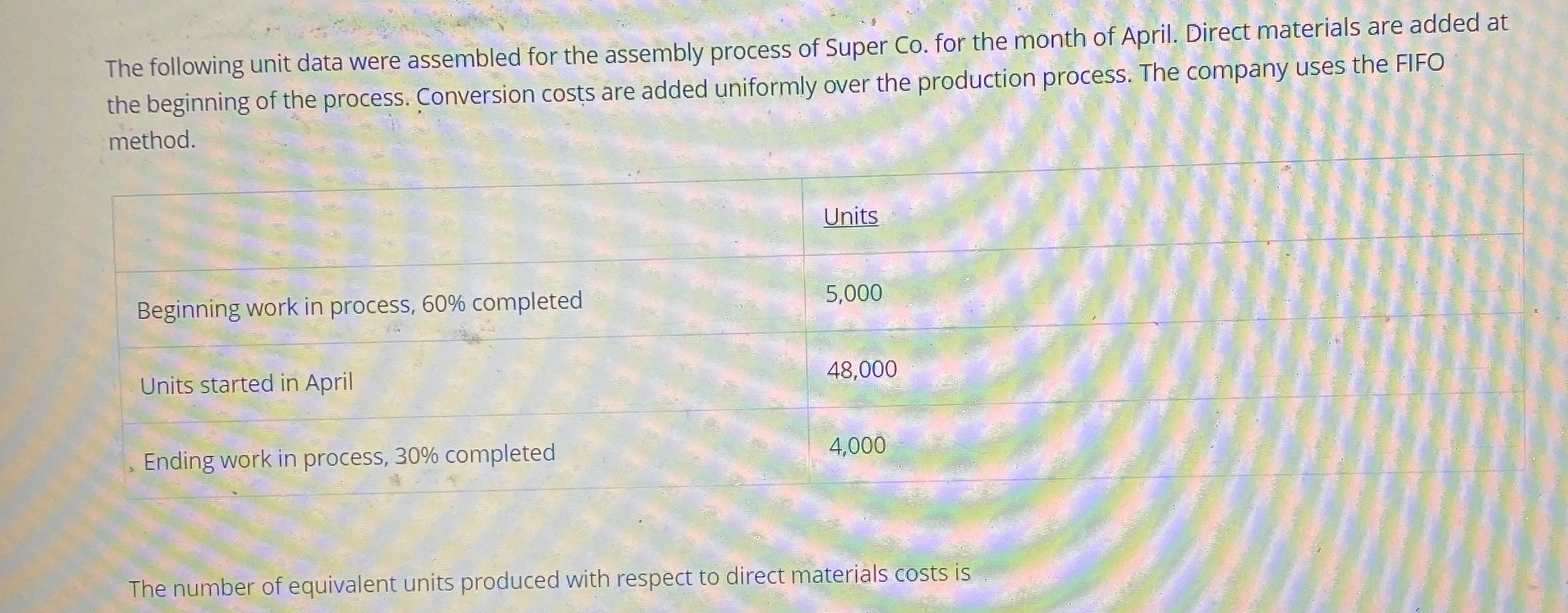  The following unit data were assembled for the assembly process of