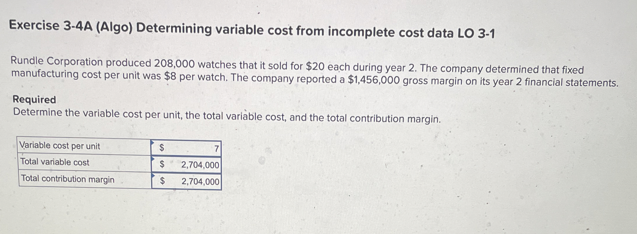  Exercise 3-4A (Algo) Determining variable cost from incomplete cost data LO