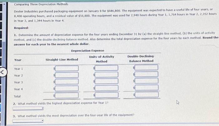please solve this accounting problem Comparing Three Depreciation Methods Dexter Industries purchased