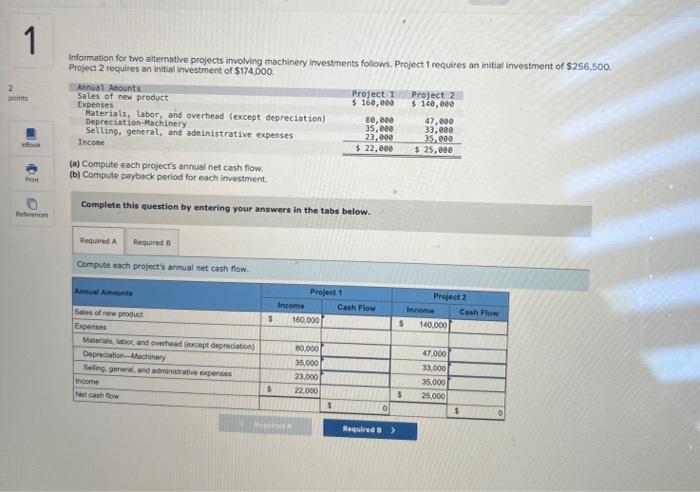  please help me!! Information for two alternative projects involving machinery investments