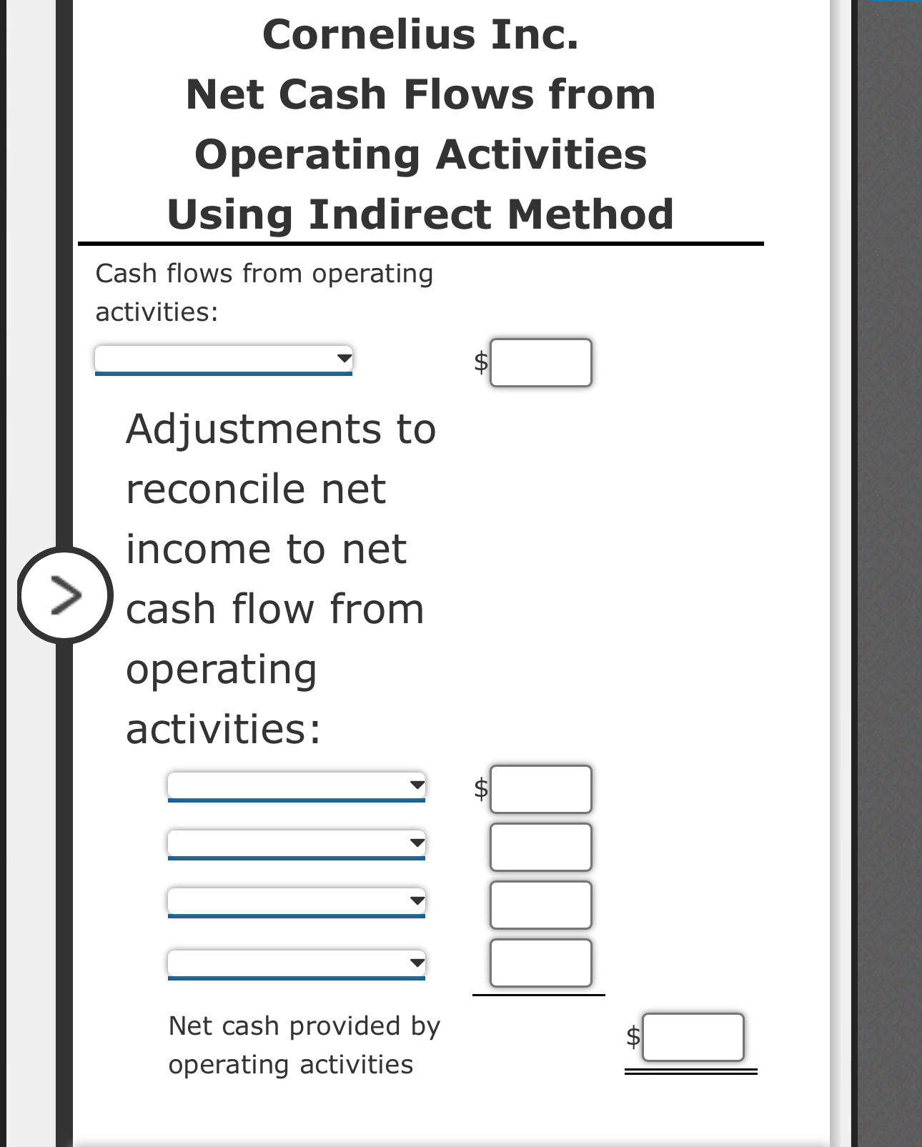  Cornelius Inc. Net Cash Flows from Operating Activities Using Indirect Method