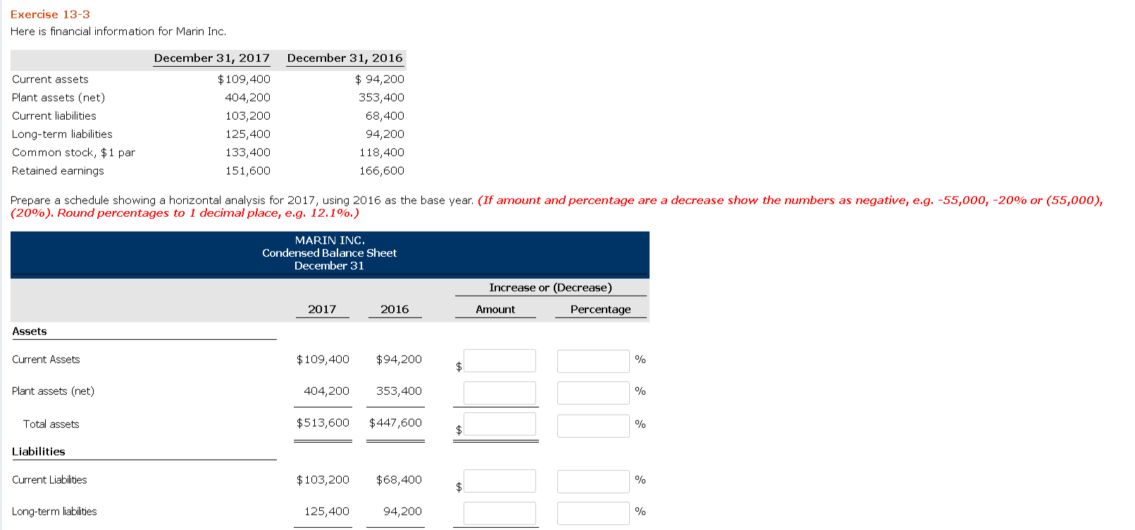 Exercise 13-3 Here is financial information for Marin Inc. Exercise 13-3 Here