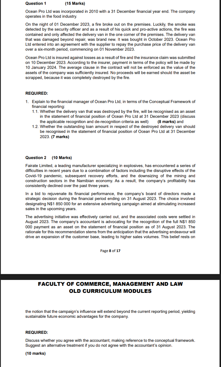  Question 1 (15 Marks) Ocean Pro Ltd was incorporated in 2010