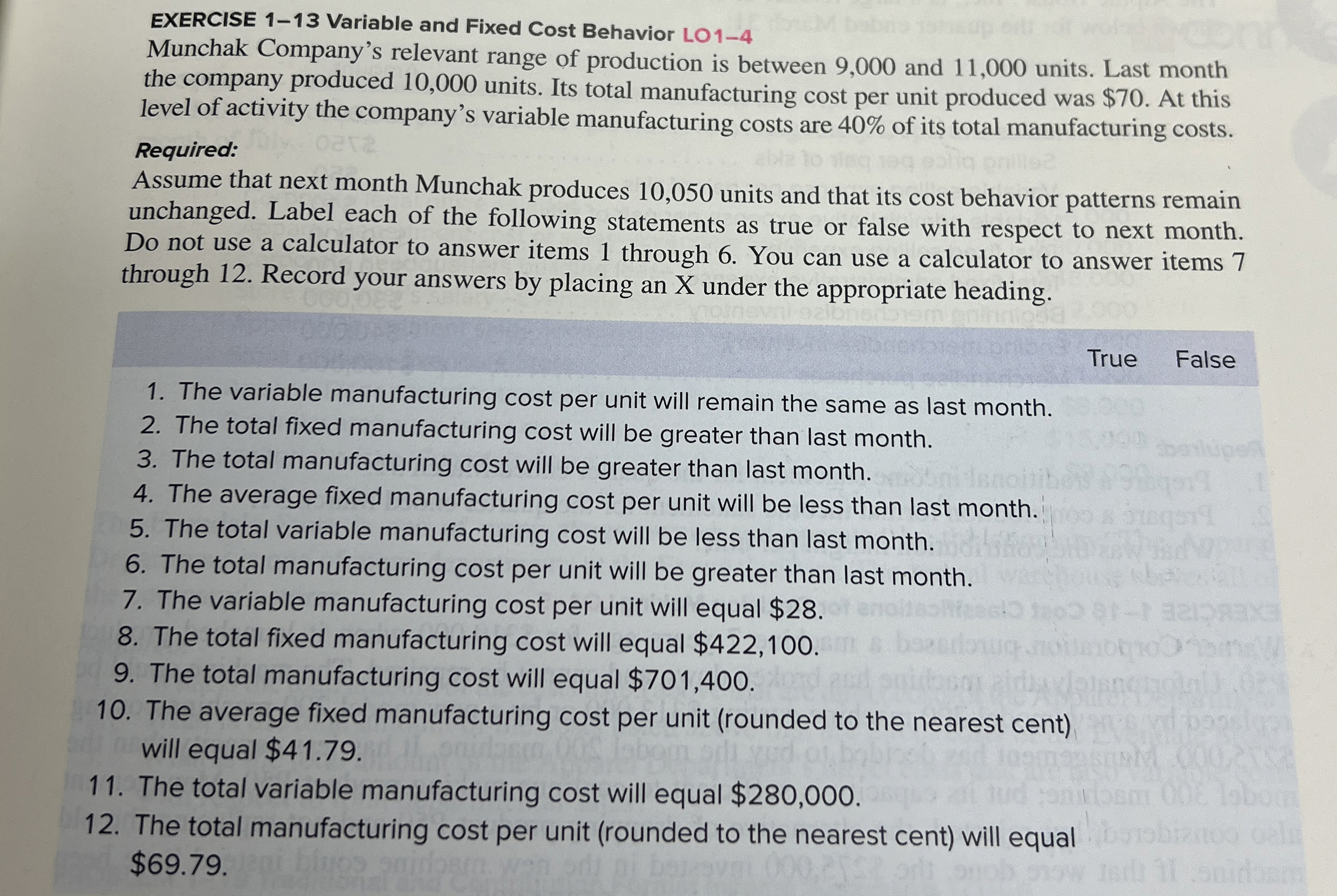  EXERCISE 1-13 Variable and Fixed Cost Behavior LO1-4 Munchak Company's relevant