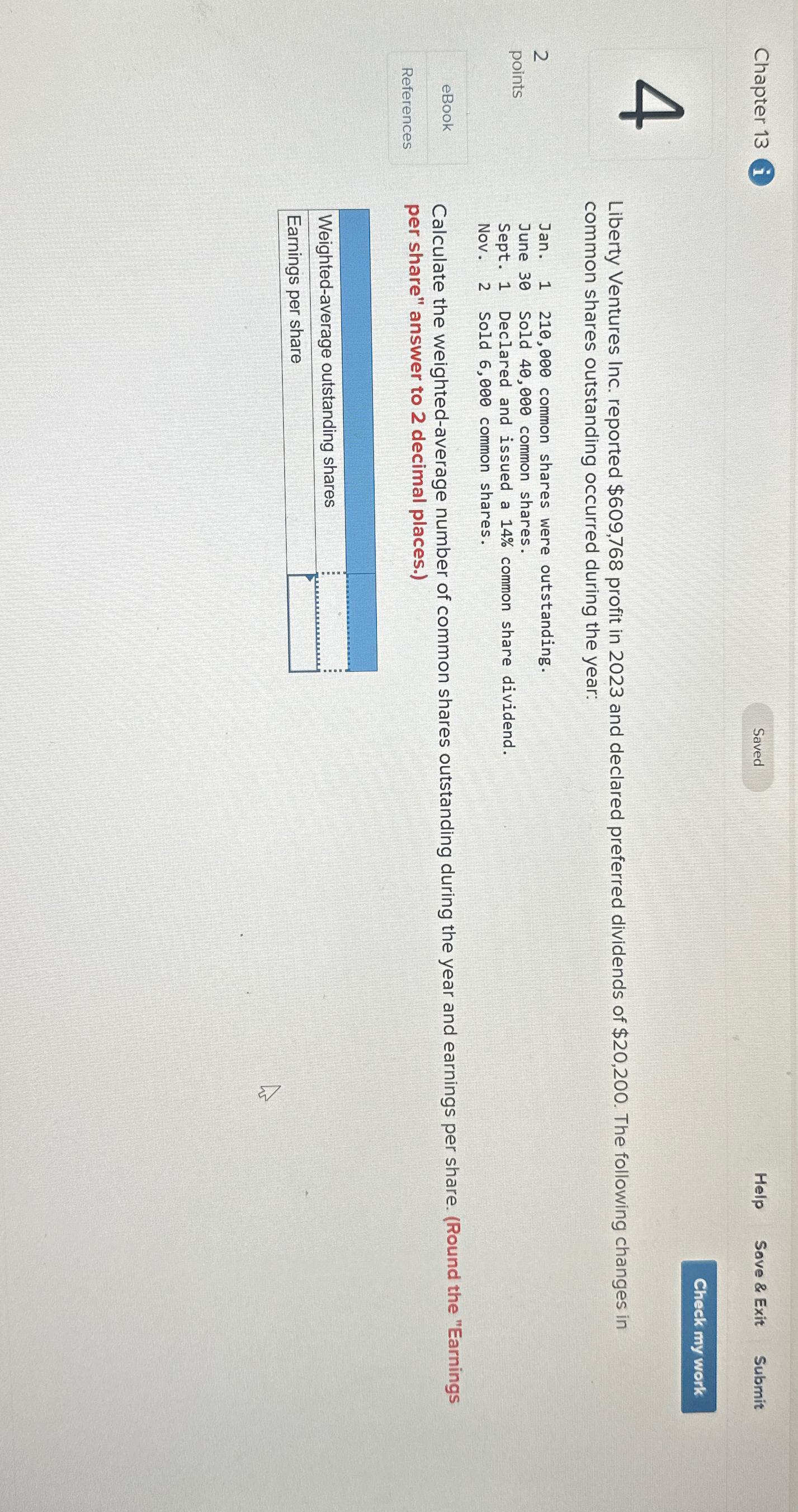  Chapter 13(i) Help Save & Exit Submit 4 2 points eBook