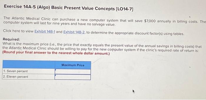 14/31 Exercise 14A-5 (Algo) Basic Present Value Concepts [LO14-7] The Atlantic Medical