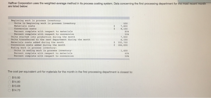  Haffner Corporation uses the weighted-average method in its process costing system.