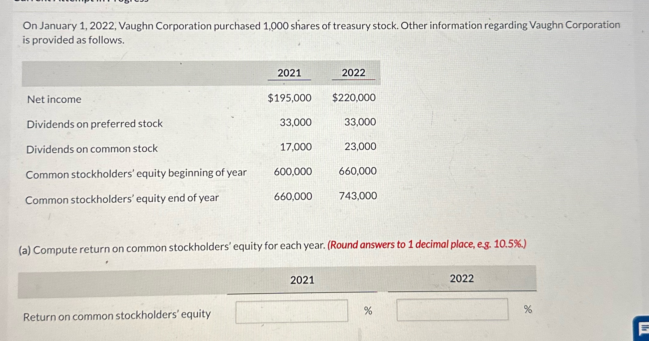  AJ.3 On January 1,2022, Vaughn Corporation purchased 1,000 shares of treasury