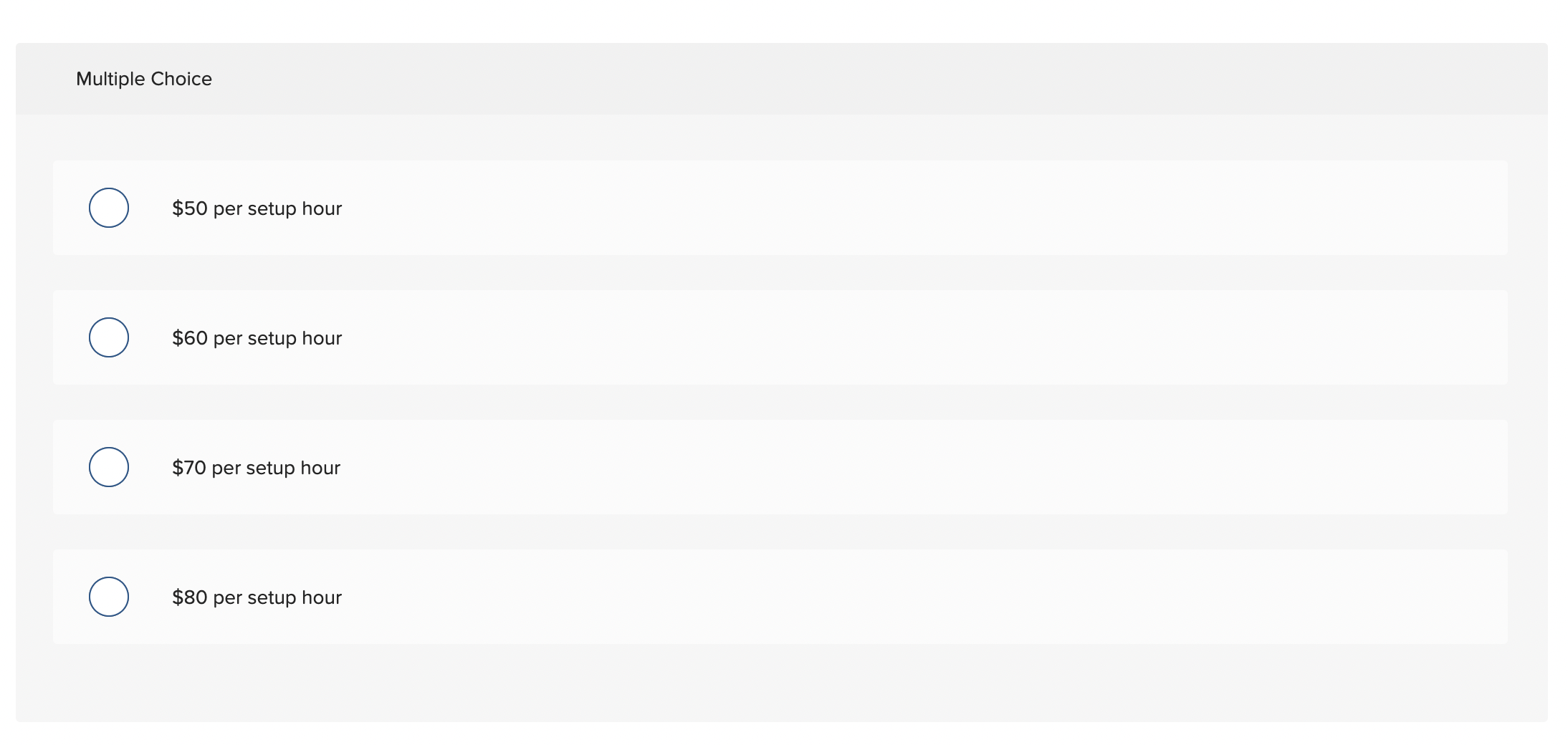 $50 per setup hour $60 per setup hour $70 per setup hour
